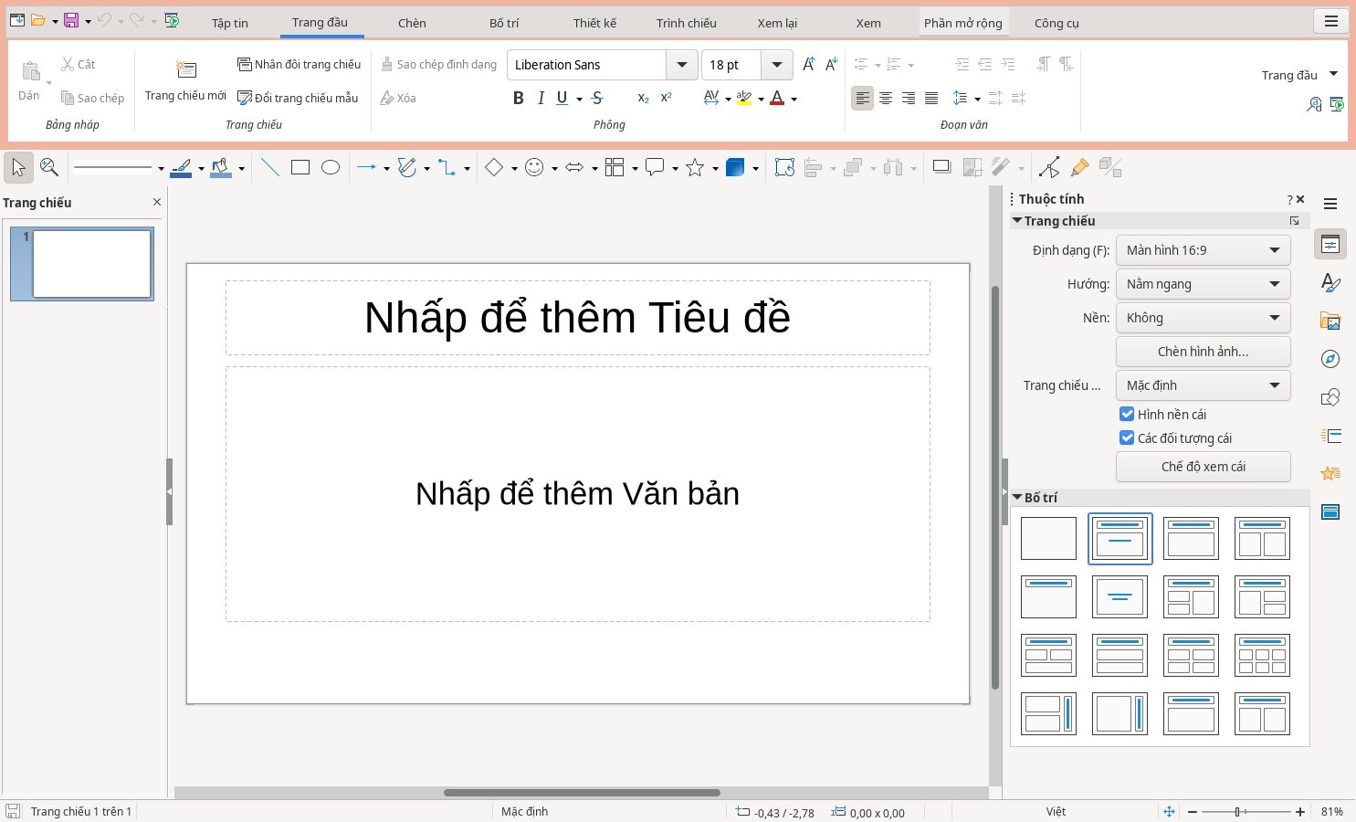 Giao diện Trình chiếu HST Office với thanh công cụ tiếng Việt và vùng soạn trang chiếu