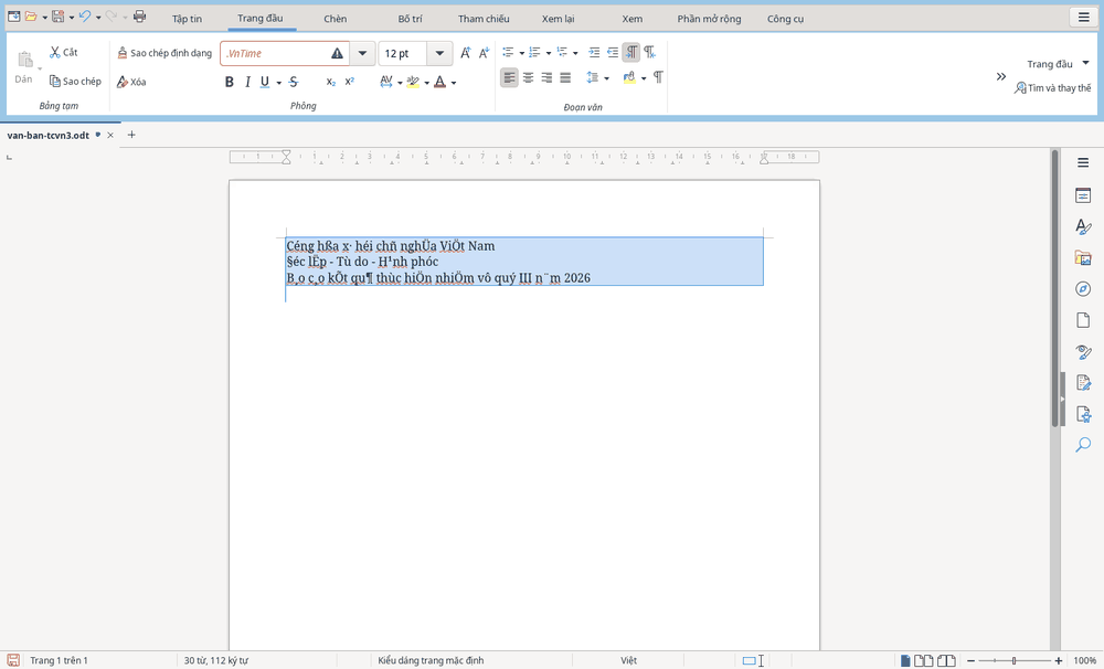 Đoạn văn bản cũ đang được chọn trong HST Writer; ô phông hiển thị .VnTime và văn bản có dấu không đúng.