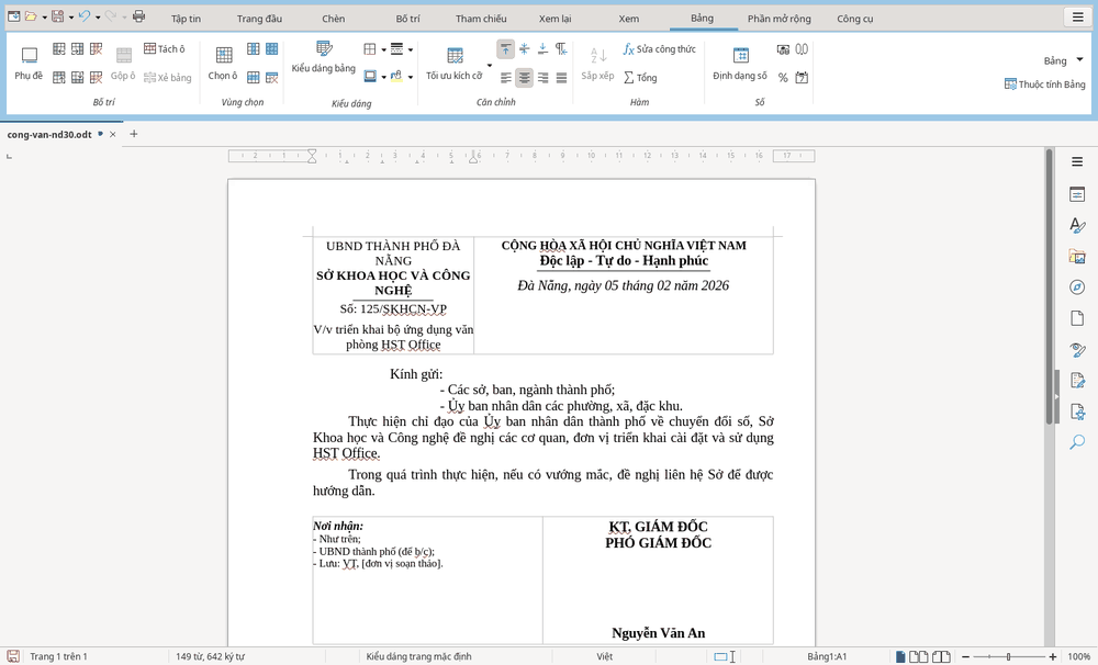 Công văn sau khi chèn vào HST Writer có phần cơ quan, quốc hiệu, tiêu ngữ, Kính gửi, nội dung, Nơi nhận và chữ ký.