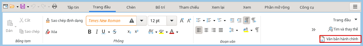 Thẻ Trang đầu của HST Writer, nút Văn bản hành chính nằm trong khung đỏ ở góc phải dải lệnh, dưới Tìm và thay thế.