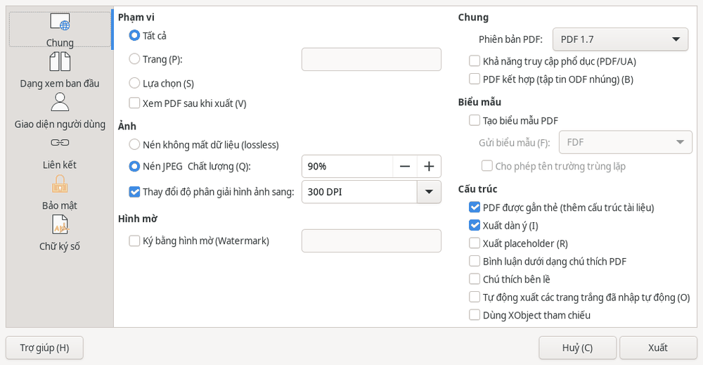 Hộp thoại xuất PDF có các lựa chọn phạm vi Tất cả, Trang, Lựa chọn và nút Xuất ở góc dưới bên phải.