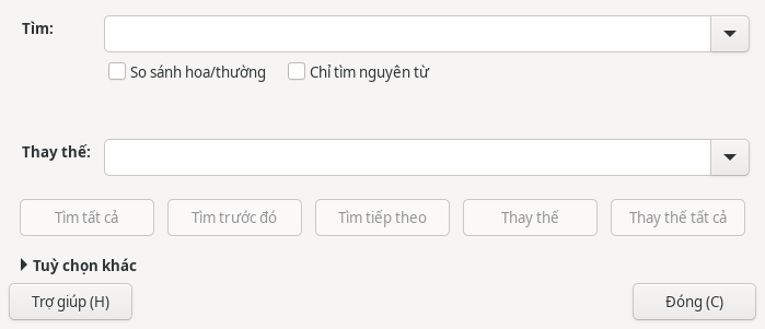 Hộp thoại Tìm và thay thế với hai ô Tìm, Thay thế và các nút tìm, thay thế.